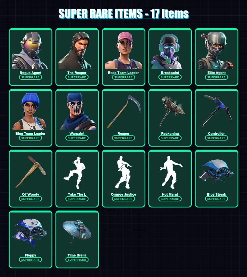 [PC/XBOX] | Rogue Agent | The Reaper | Rose Team Leader | Breakpoint | Elite Agent | 121 skin | 113 pickaxe | 110 emote | 120 glider | Lv1449