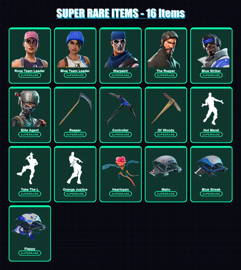 [PC/PSN] | Rose Team Leader | Blue Team Leader | Warpaint | The Reaper | Blue Striker | 44 skin | 40 pickaxe | 48 emote | 45 glider | Lv574 — Fortnite account