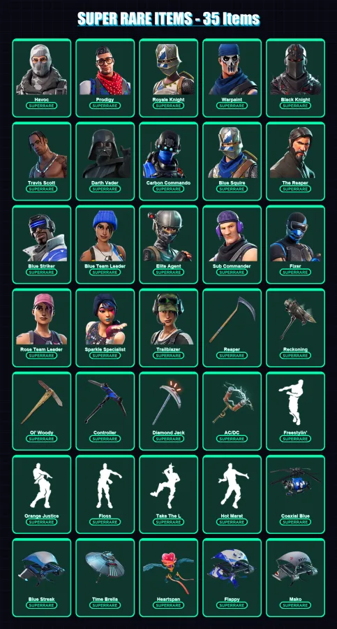 [PS4/PS5/XBOX/PC] | Havoc | Prodigy | Royale Knight | Warpaint | Black Knight | 254 skin | 249 pickaxe | 224 emote | 201 glider | Lv2580