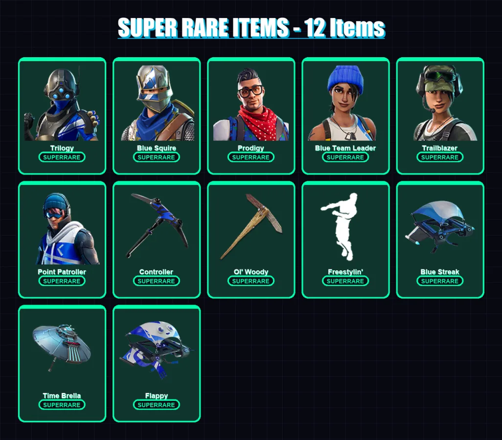 [PS4/PS5/PC] | Trilogy | Blue Squire | Prodigy | Blue Team Leader | Trailblazer | 108 skin | 156 pickaxe | 114 emote | 91 glider | Lv1300