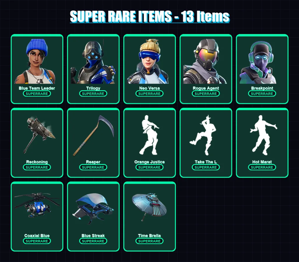 [PS4/PS5/XBOX/PC] | Blue Team Leader | Trilogy | Neo Versa | Rogue Agent | Breakpoint | 139 skin | 132 pickaxe | 144 emote | 129 glider | Lv2061