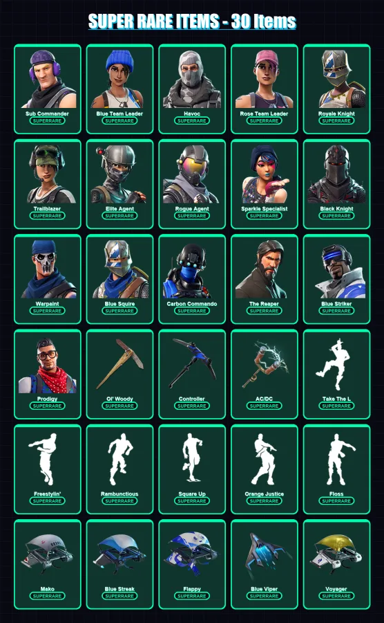 [PS4/PS5/XBOX/PC] | Sub Commander | Blue Team Leader | Havoc | Rose Team Leader | Royale Knight | 42 skin | 25 pickaxe | 35 emote | 32 glider | Lv31