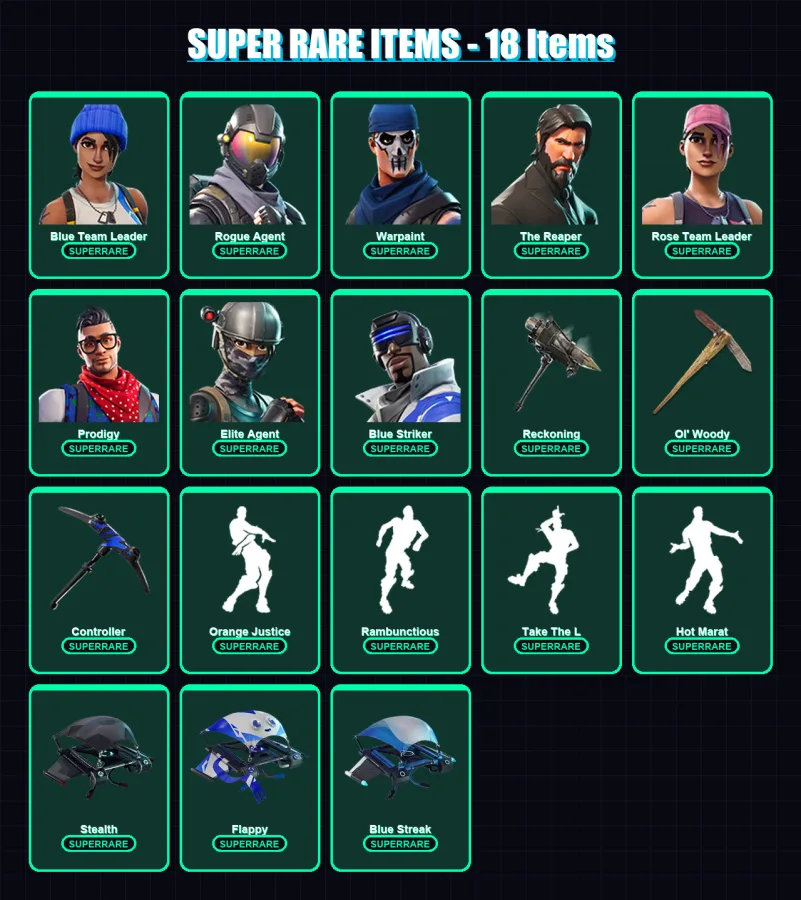 [PC/XBOX] | Blue Team Leader | Rogue Agent | Warpaint | The Reaper | Rose Team Leader | 50 skin | 38 pickaxe | 61 emote | 49 glider | Lv632