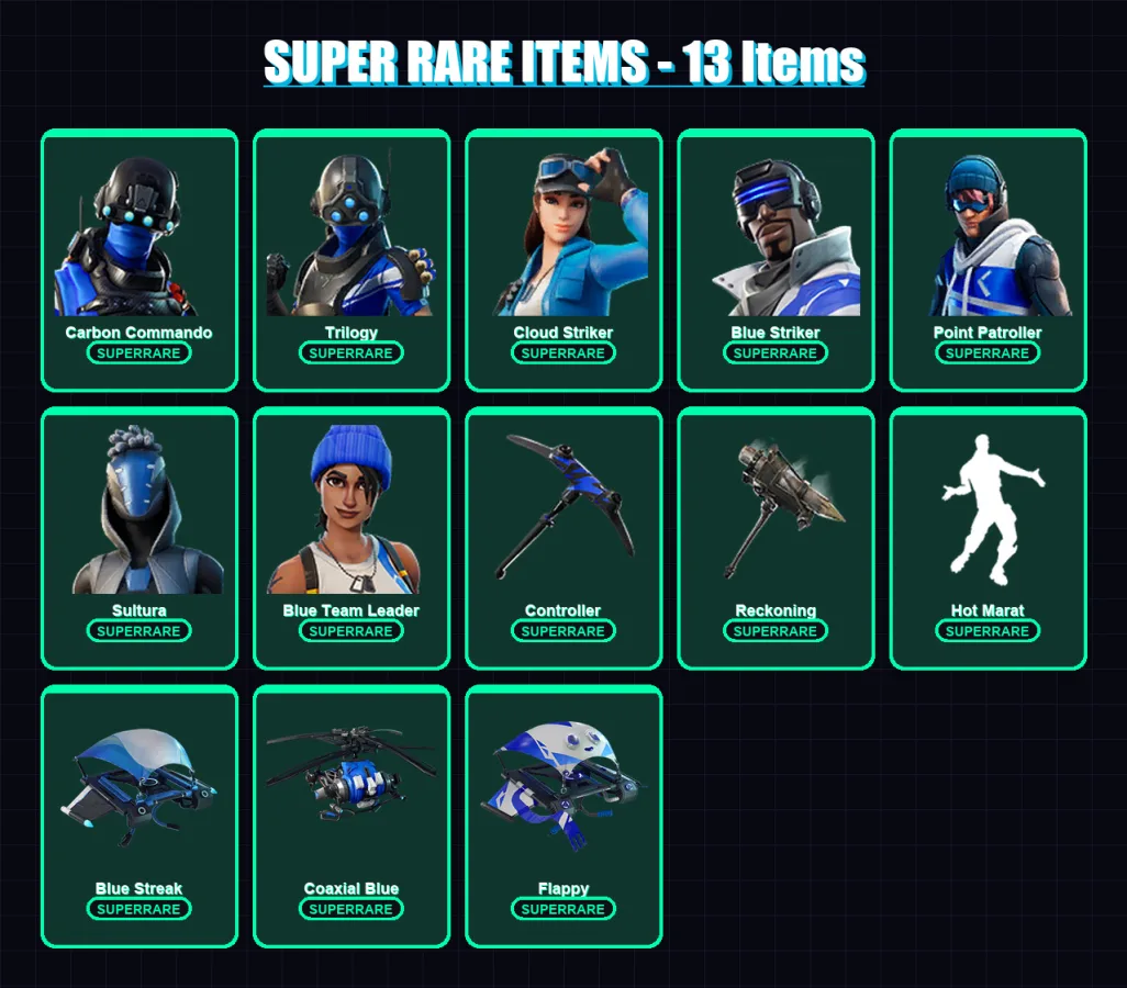 [PS4/PS5/XBOX/PC] | Carbon Commando | Trilogy | Cloud Striker | Blue Striker | Point Patroller | 26 skin | 39 pickaxe | 27 emote | 32 glider | Lv429