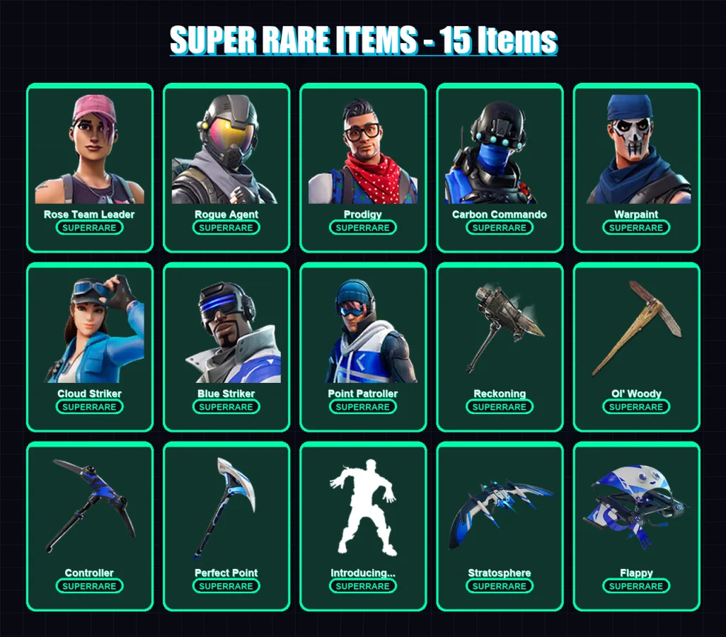 [PS4/PS5/XBOX/PC] | Rose Team Leader | Rogue Agent | Prodigy | Carbon Commando | Warpaint | 20 skin | 14 pickaxe | 11 emote | 16 glider | Lv132