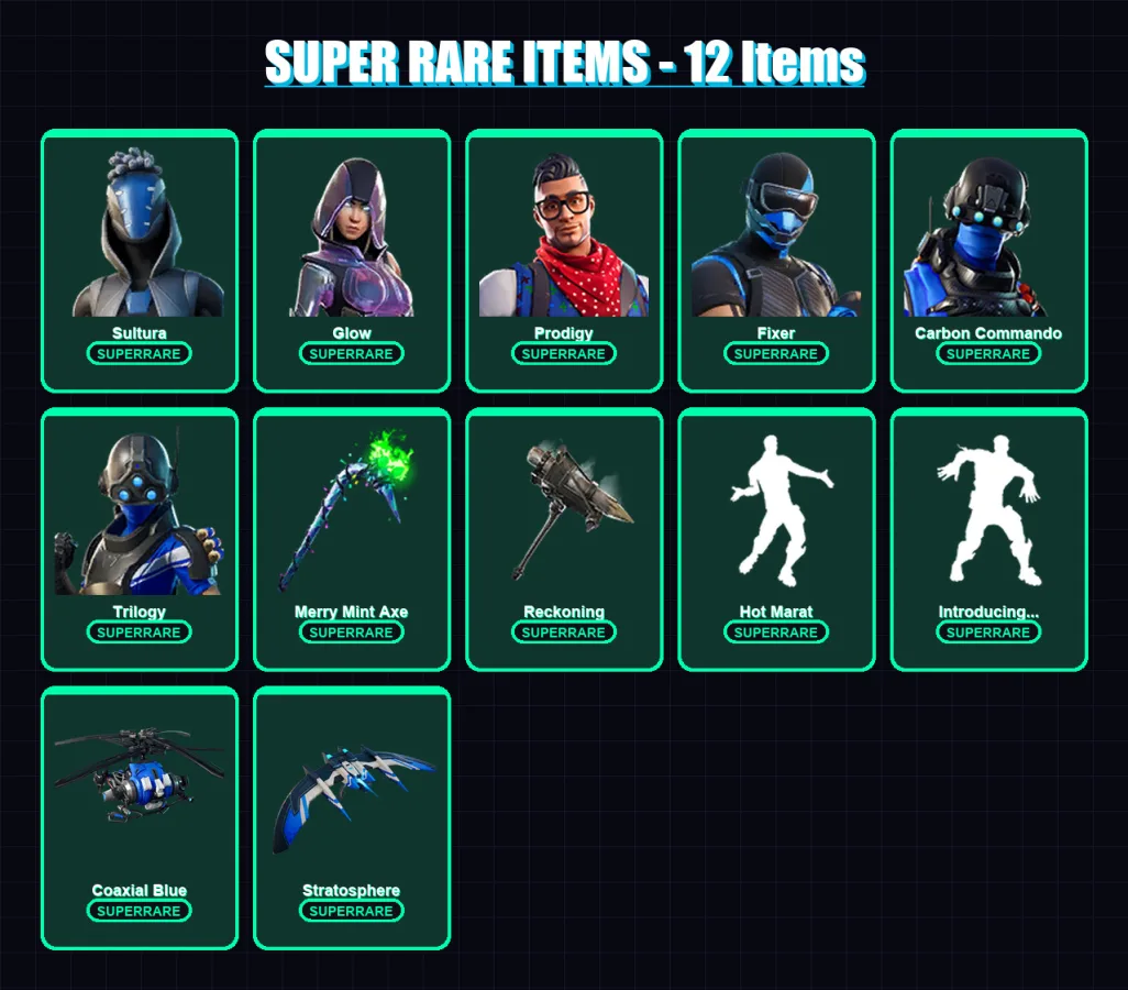 [PS4/PS5/XBOX/PC] | Sultura | Glow | Prodigy | Fixer | Carbon Commando | 60 skin | 58 pickaxe | 60 emote | 56 glider | Lv679