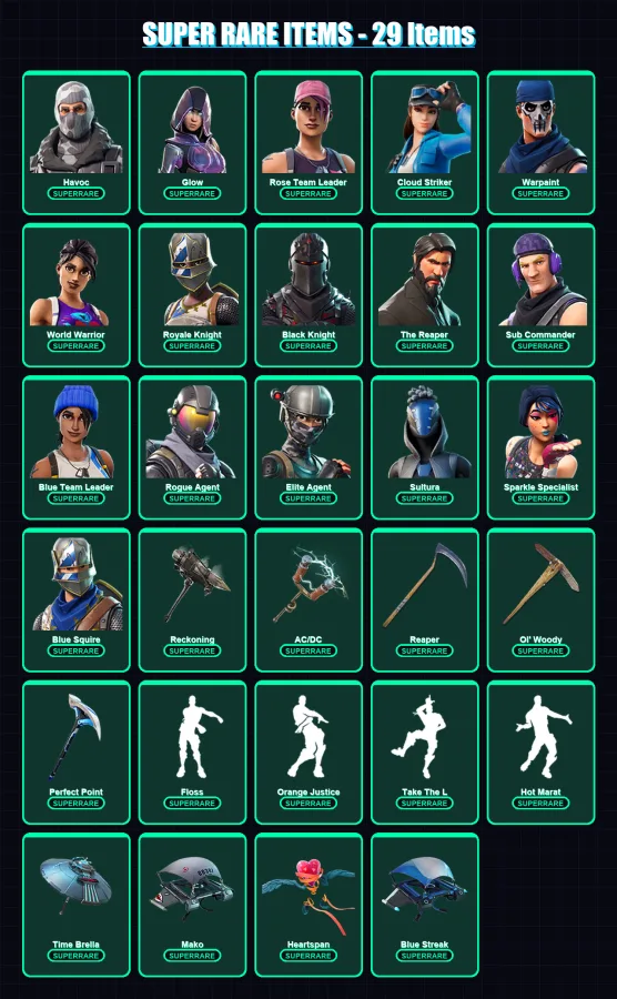 [PC/PSN] | Havoc | Glow | Rose Team Leader | Cloud Striker | Warpaint | 301 skin | 311 pickaxe | 238 emote | 250 glider | Lv3959