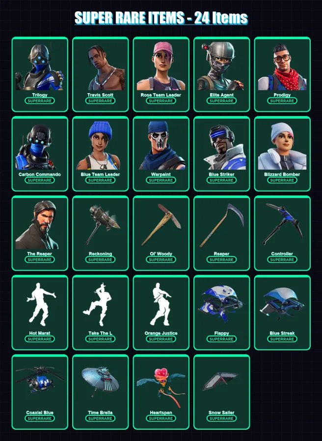 [PS4/PS5/XBOX/PC] | Trilogy | Travis Scott | Rose Team Leader | Elite Agent | Prodigy | 119 skin | 125 pickaxe | 109 emote | 132 glider | Lv1606
