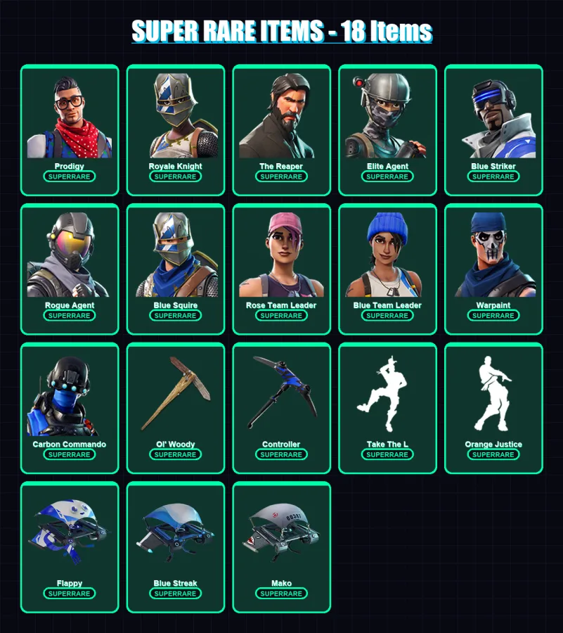 [PC/XBOX] | Prodigy | Royale Knight | The Reaper | Elite Agent | Blue Striker | 43 skin | 45 pickaxe | 42 emote | 49 glider | Lv630 — Fortnite account