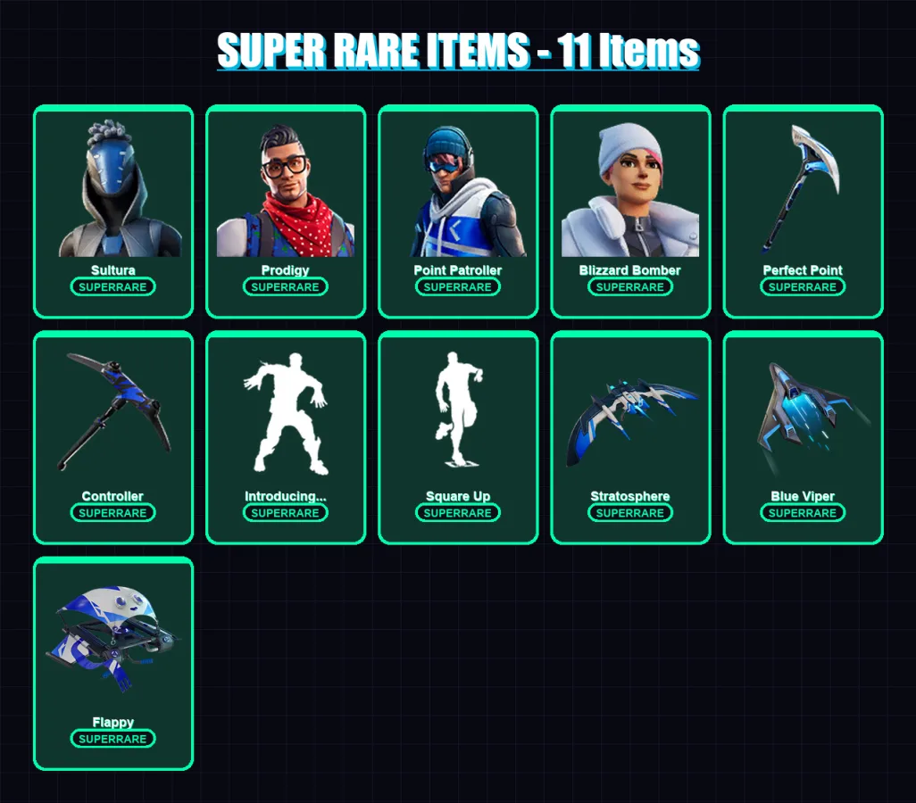 [PS4/PS5/XBOX/PC] | Sultura | Prodigy | Point Patroller | Blizzard Bomber | Slayer Juice WRLD | 9 skin | 21 pickaxe | 13 emote | 16 glider | Lv151