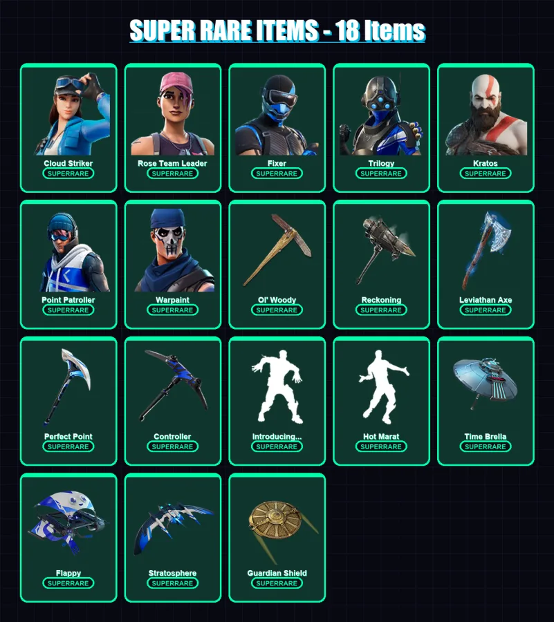 [PC/XBOX] | Cloud Striker | Rose Team Leader | Fixer | Trilogy | Kratos | 157 skin | 185 pickaxe | 149 emote | 158 glider | Lv2449