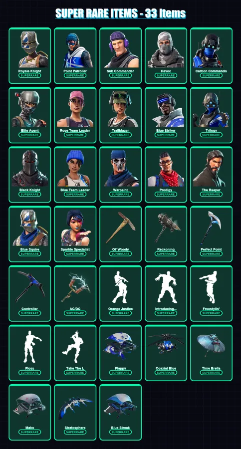 [PS4/PS5/XBOX/PC] | Royale Knight | Point Patroller | Sub Commander | Havoc | Carbon Commando | 82 skin | 69 pickaxe | 75 emote | 74 glider | Lv984