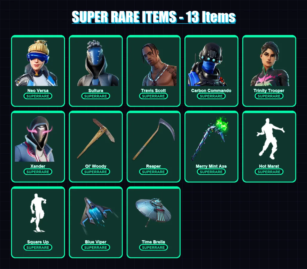 [PC/XBOX/PSN] | Neo Versa | Sultura | Travis Scott | Carbon Commando | Trinity Trooper | 239 skin | 204 pickaxe | 185 emote | 156 glider | Lv2261