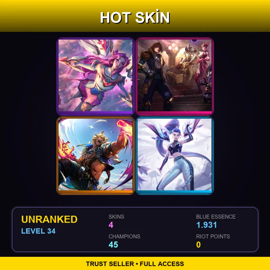 LAS | Lv34 | Unranked | 4 Skin | 45 Champ — LoL account