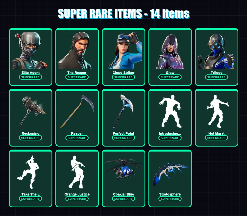 [PS4/PS5/XBOX/PC] | Elite Agent | The Reaper | Cloud Striker | Glow | Trilogy | 108 skin | 101 pickaxe | 89 emote | 98 glider | Lv1410
