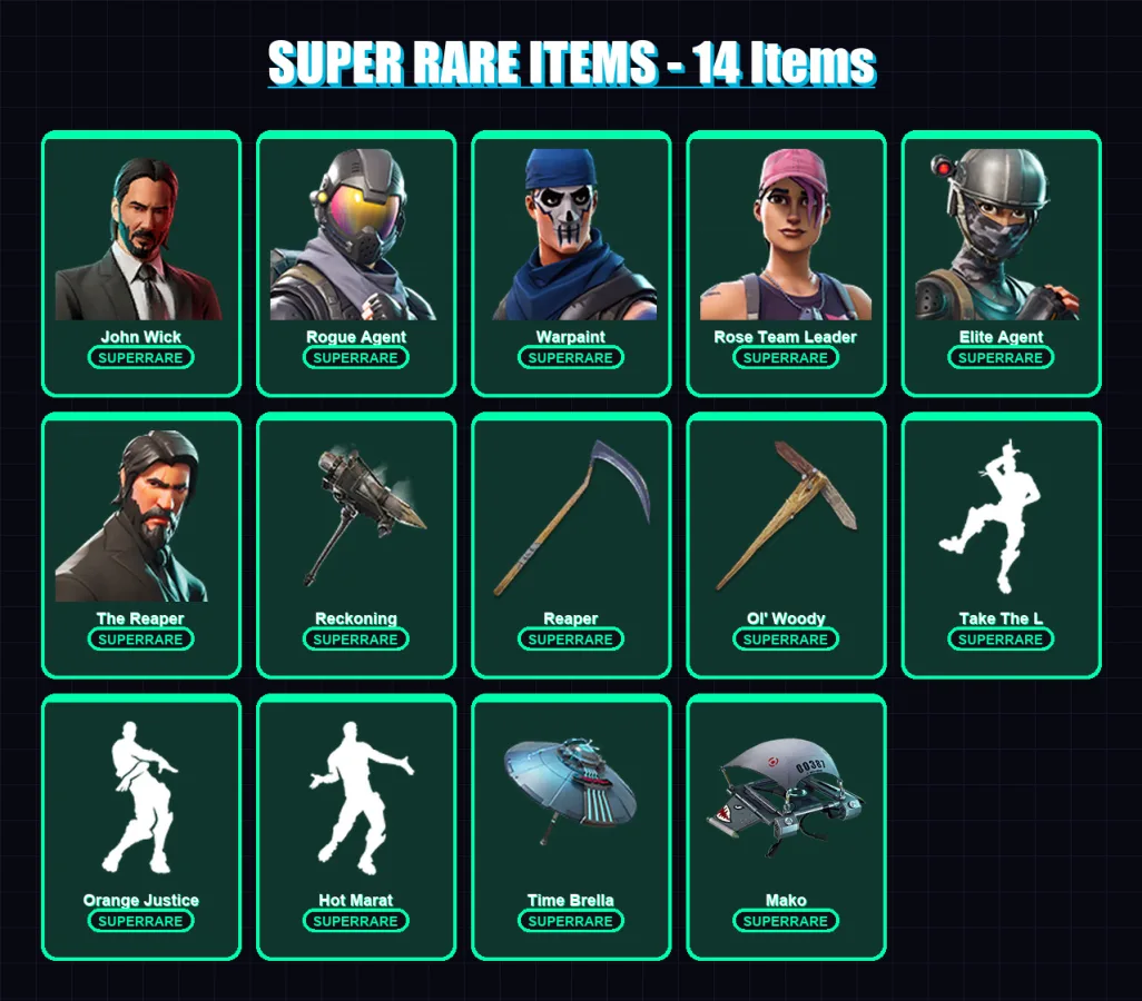 [PC/PSN] | John Wick | Rogue Agent | Warpaint | Rose Team Leader | Elite Agent | 93 skin | 99 pickaxe | 67 emote | 83 glider | Lv1050