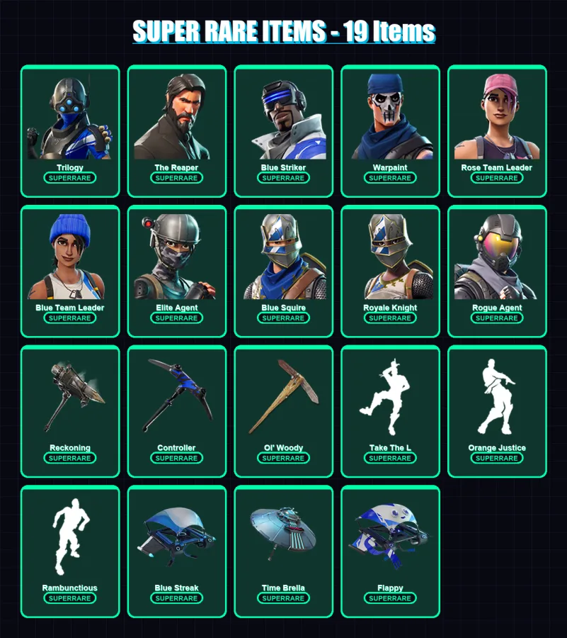 [PS4/PS5/XBOX/PC] | Trilogy | The Reaper | Blue Striker | Warpaint | Rose Team Leader | 59 skin | 47 pickaxe | 66 emote | 55 glider | Lv715