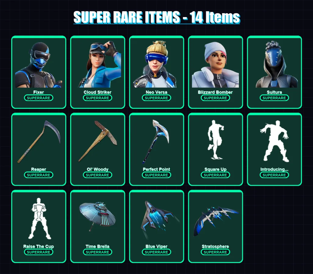 [PS4/PS5/XBOX/PC] | Fixer | Cloud Striker | Neo Versa | Blizzard Bomber | Sultura | 116 skin | 161 pickaxe | 93 emote | 111 glider | Lv2107