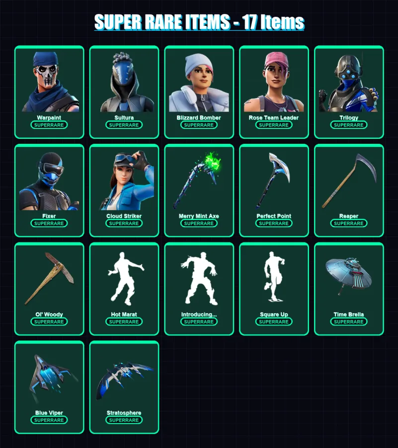 [PS4/PS5/XBOX/PC] | Warpaint | Sultura | Blizzard Bomber | Rose Team Leader | Trilogy | 183 skin | 210 pickaxe | 184 emote | 173 glider | Lv2466