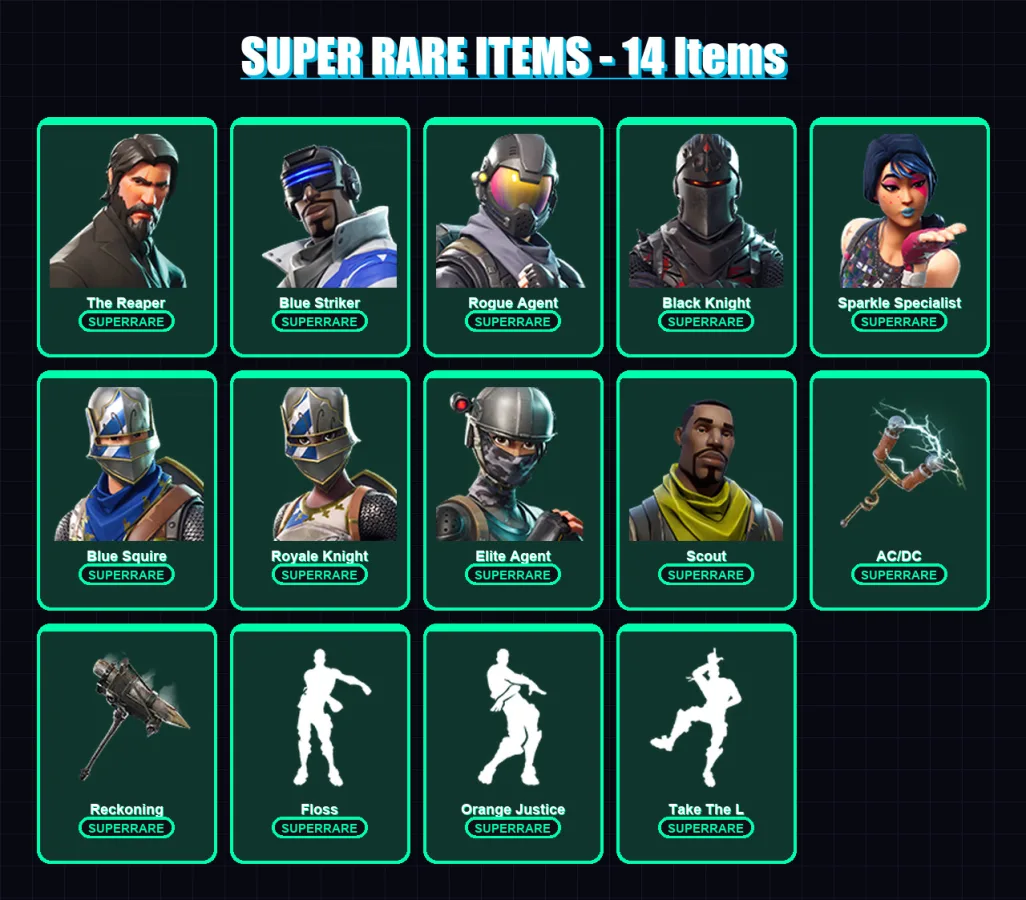 [PS4/PS5/XBOX/PC] | The Reaper | Blue Striker | Rogue Agent | Black Knight | Sparkle Specialist | 52 skin | 22 pickaxe | 43 emote | 31 glider | Lv47