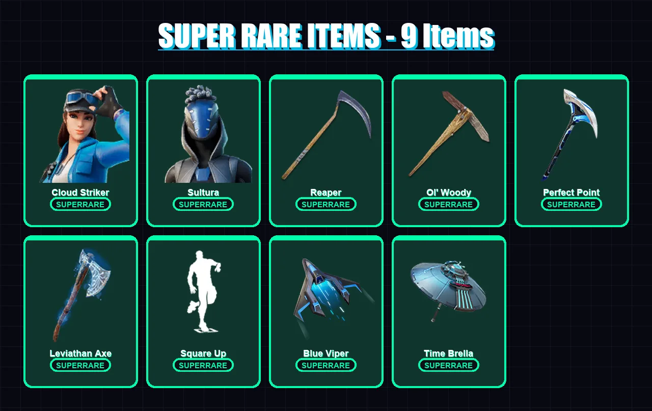 [PS4/PS5/PC] | Cloud Striker | Sultura | Fade | Joltara | Predator | 201 skin | 250 pickaxe | 163 emote | 164 glider | Lv3176