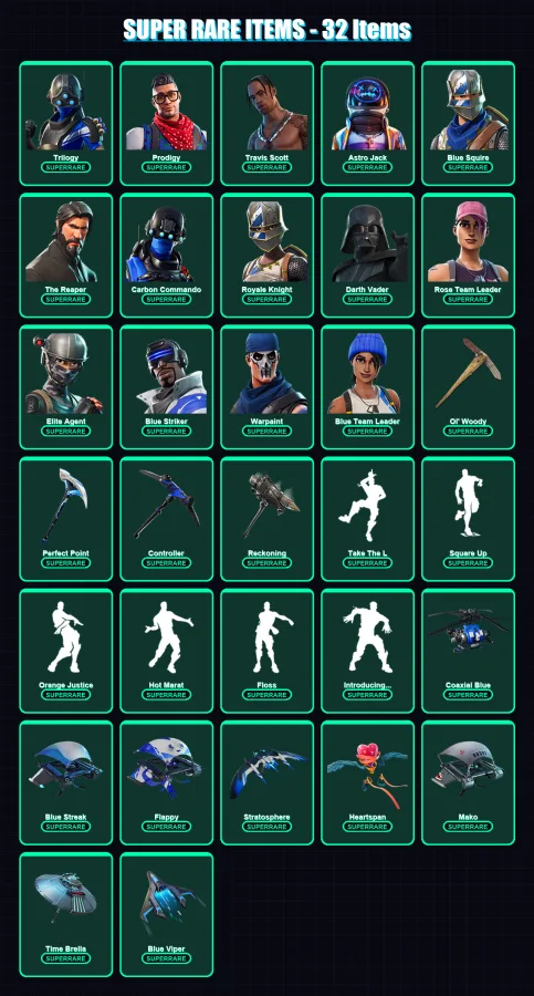 [PC/XBOX] | Trilogy | Prodigy | Travis Scott | Astro Jack | Blue Squire | 303 skin | 353 pickaxe | 282 emote | 293 glider | Lv4376