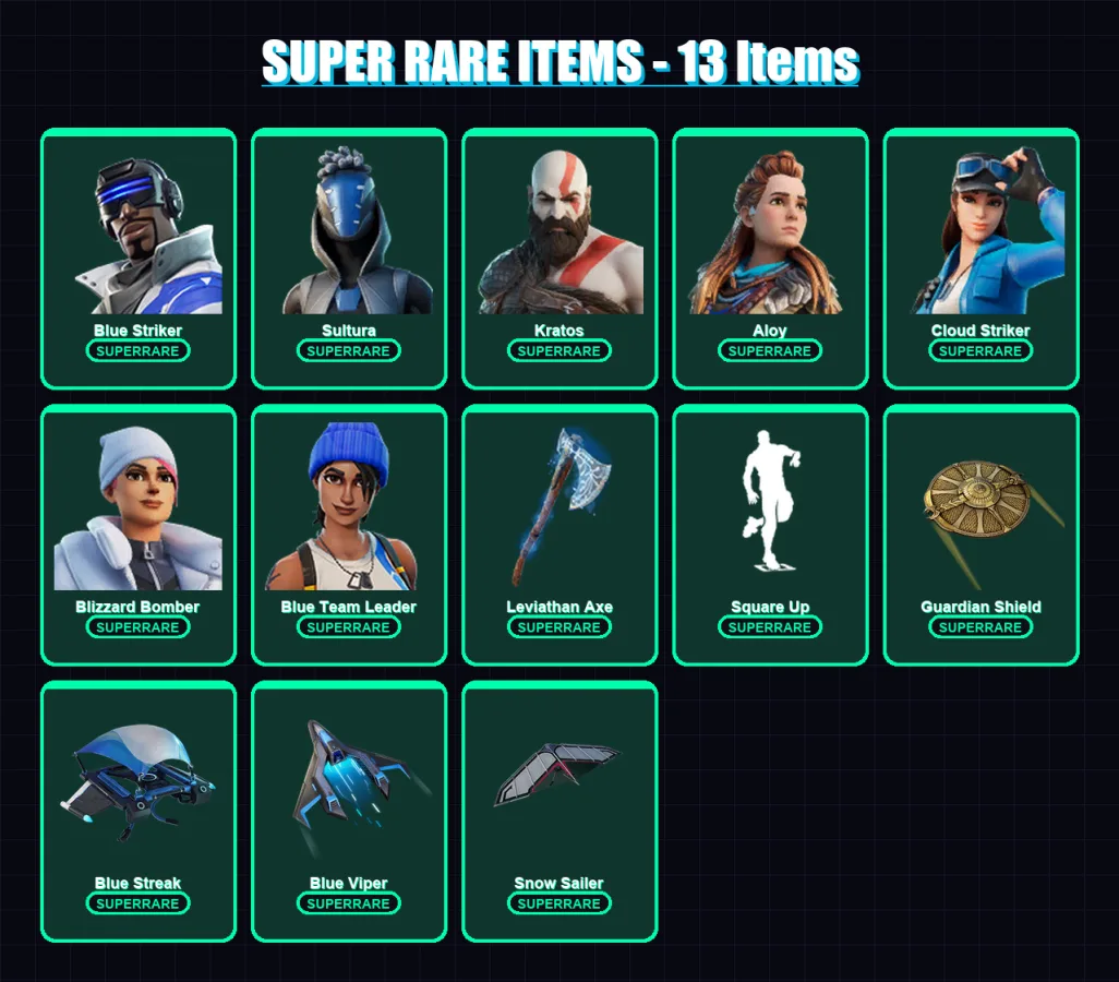 [SWITCH/XBOX/PC] | Blue Striker | Sultura | Kratos | Aloy | Cloud Striker | 53 skin | 63 pickaxe | 45 emote | 50 glider | Lv638