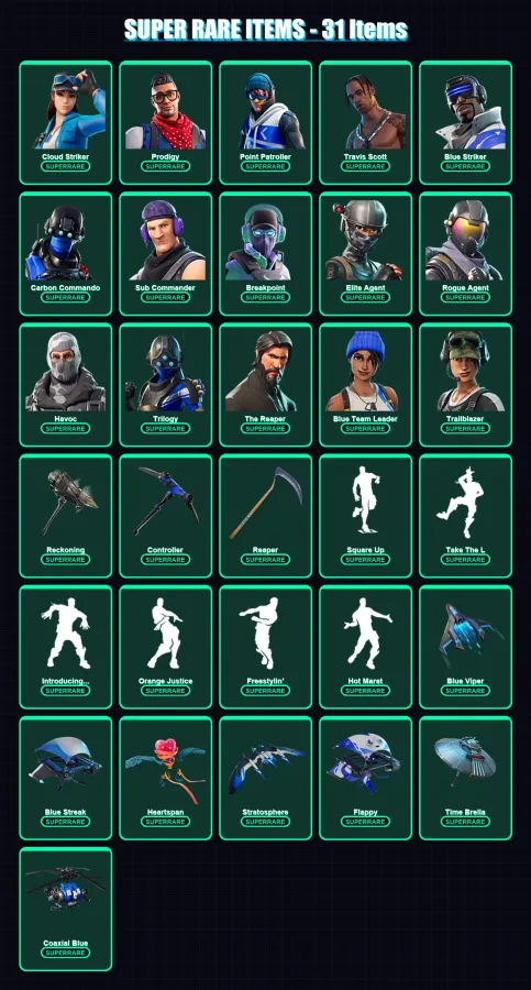 [PS4/PS5/XBOX/PC] | Cloud Striker | Prodigy | Point Patroller | Travis Scott | Blue Striker | 156 skin | 147 pickaxe | 120 emote | 128 glider | Lv17