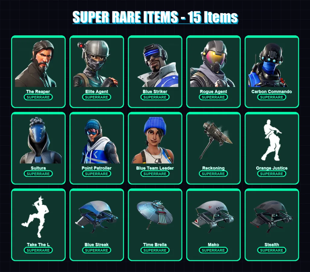 [PS4/PS5/XBOX/PC] | The Reaper | Elite Agent | Blue Striker | Rogue Agent | Carbon Commando | 69 skin | 73 pickaxe | 61 emote | 68 glider | Lv1091