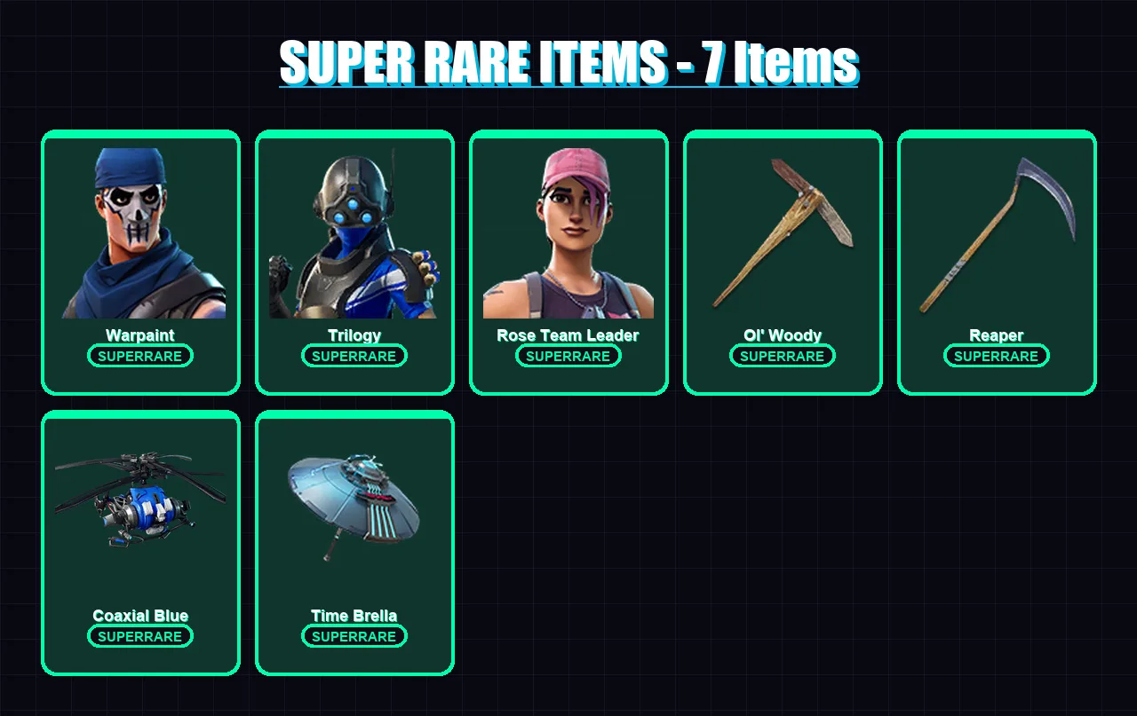 [PC/XBOX/PSN] | Warpaint | Trilogy | Rose Team Leader | DJ Bop | Spectra Knight | 91 skin | 86 pickaxe | 104 emote | 69 glider | Lv973