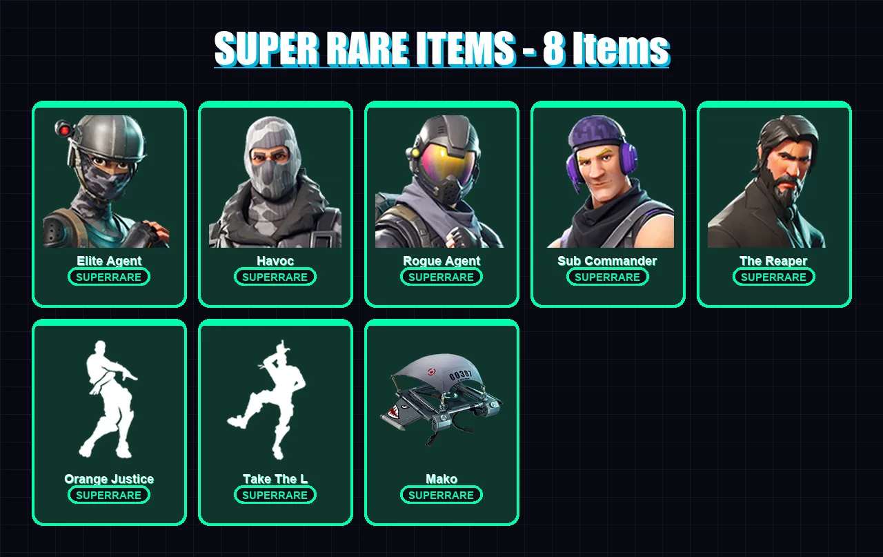 [PS4/PS5/XBOX/PC] | Elite Agent | Havoc | Rogue Agent | Sub Commander | The Reaper | 86 skin | 127 pickaxe | 85 emote | 104 glider | Lv1647