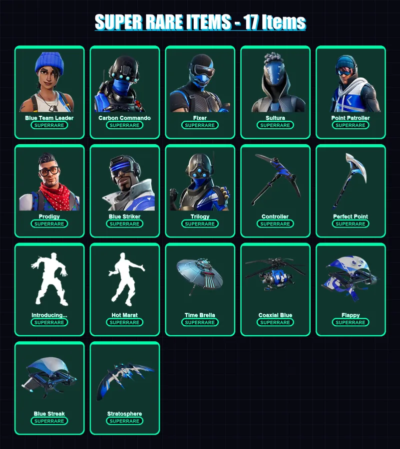 [PC/XBOX/PSN] | Blue Team Leader | Carbon Commando | Fixer | Sultura | Point Patroller | 94 skin | 127 pickaxe | 102 emote | 122 glider | Lv1997