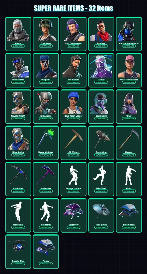 [PS4/PS5/XBOX/PC] | Havoc | Trailblazer | Sub Commander | Prodigy | Carbon Commando | 113 skin | 140 pickaxe | 107 emote | 130 glider | Lv1879