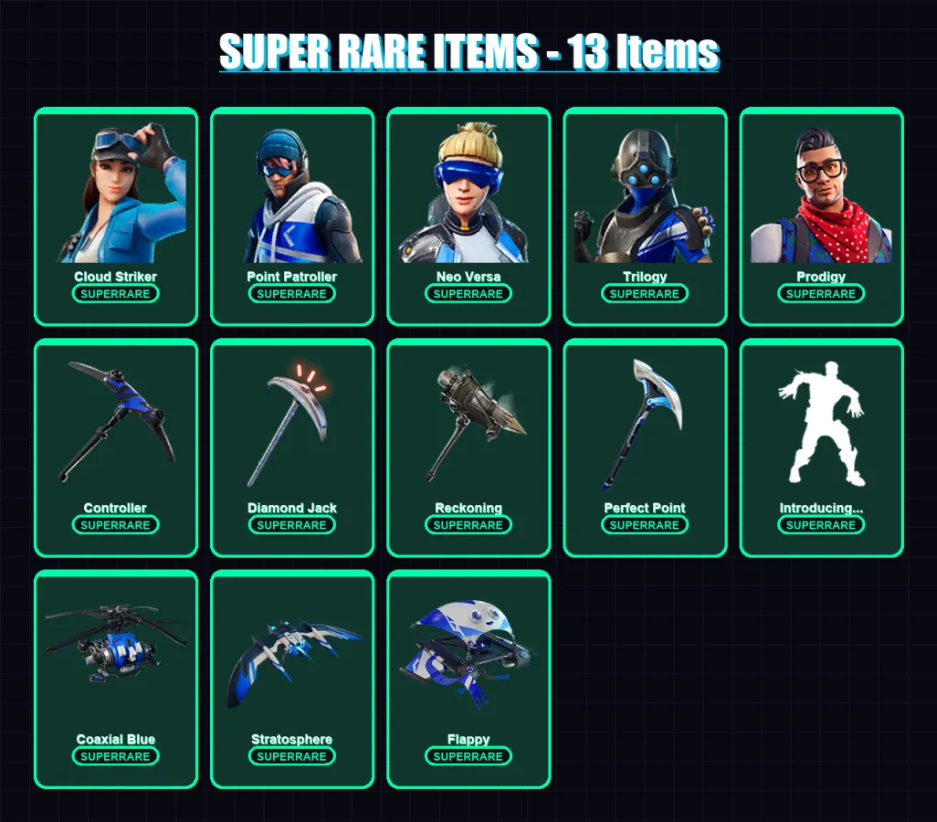 [PS4/PS5/XBOX/PC] | Cloud Striker | Point Patroller | Neo Versa | Trilogy | Prodigy | 48 skin | 53 pickaxe | 65 emote | 54 glider | Lv691