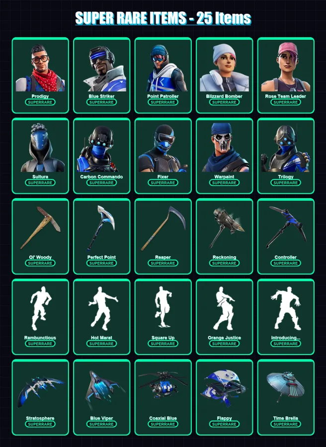 [PC/XBOX] | Prodigy | Blue Striker | Point Patroller | Blizzard Bomber | Rose Team Leader | 104 skin | 79 pickaxe | 87 emote | 83 glider | Lv894