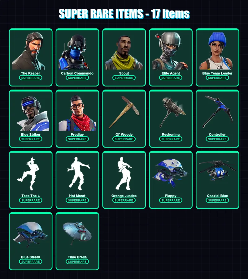 [PC/XBOX/PSN] | The Reaper | Carbon Commando | Scout | Elite Agent | Blue Team Leader | 134 skin | 99 pickaxe | 102 emote | 106 glider | Lv1224 — Fortnite account