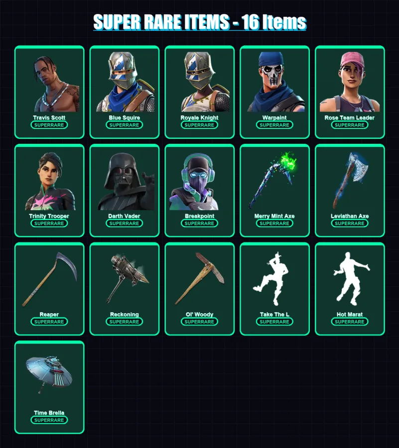 [PC/XBOX/PSN] | Travis Scott | Blue Squire | Royale Knight | Warpaint | Rose Team Leader | 268 skin | 258 pickaxe | 301 emote | 213 glider | Lv3293