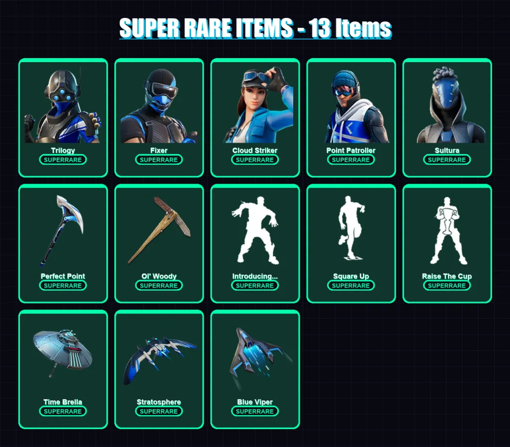 [PS4/PS5/XBOX/PC] | Trilogy | Fixer | Cloud Striker | Point Patroller | Sultura | 73 skin | 109 pickaxe | 90 emote | 93 glider | Lv1430