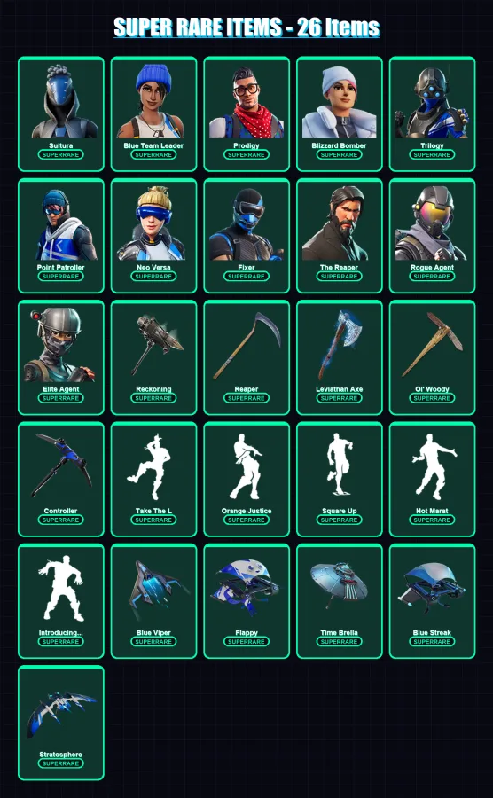 [PS4/PS5/XBOX/PC] | Sultura | Blue Team Leader | Prodigy | Blizzard Bomber | Trilogy | 201 skin | 196 pickaxe | 157 emote | 139 glider | Lv1878