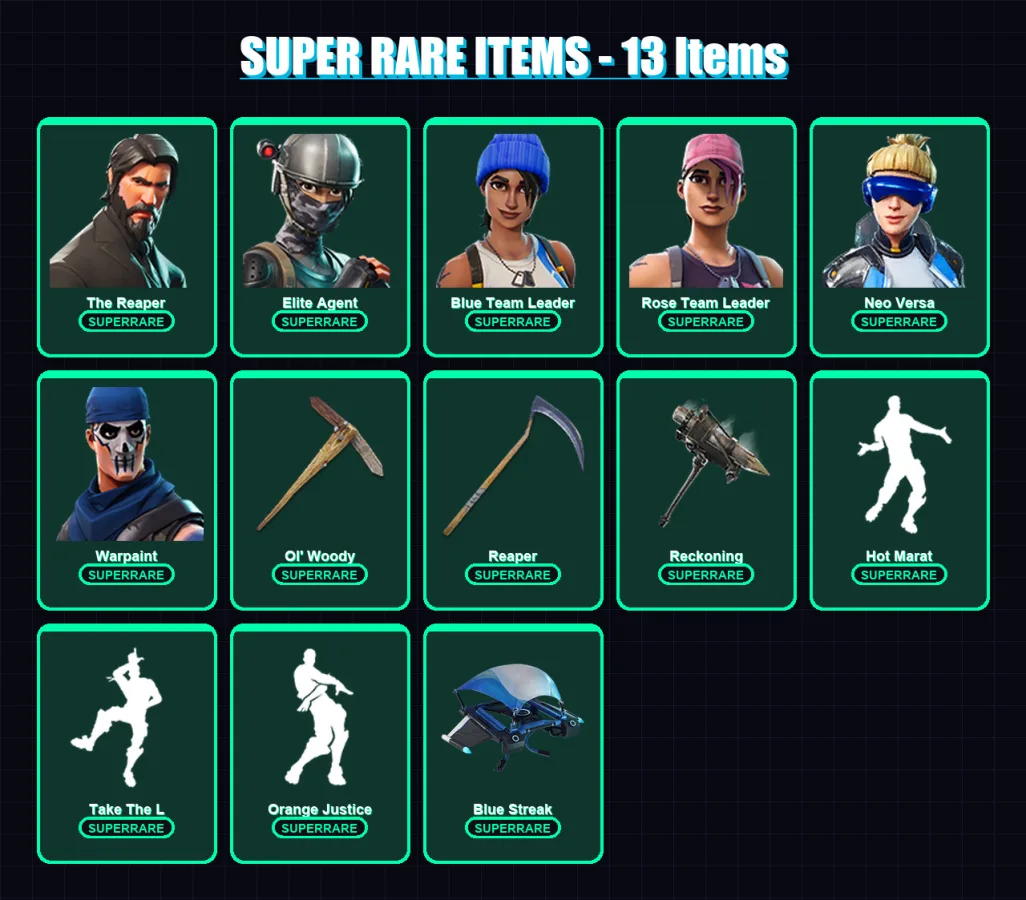 [PS4/PS5/XBOX/PC] | The Reaper | Elite Agent | Blue Team Leader | Rose Team Leader | Neo Versa | 89 skin | 72 pickaxe | 82 emote | 70 glider | Lv866