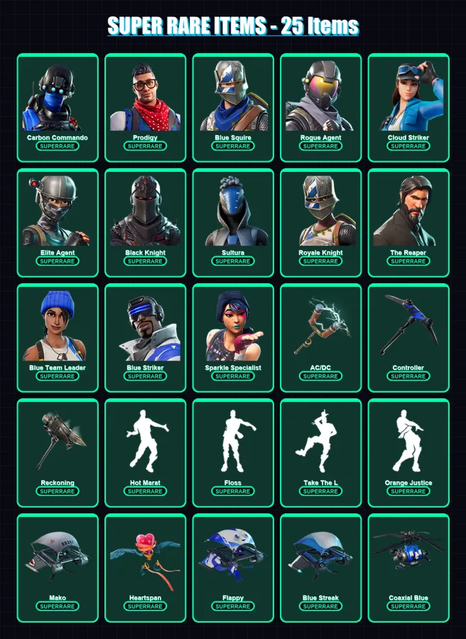 [PS4/PS5/XBOX/PC] | Carbon Commando | Prodigy | Blue Squire | Rogue Agent | Cloud Striker | 75 skin | 64 pickaxe | 71 emote | 62 glider | Lv803