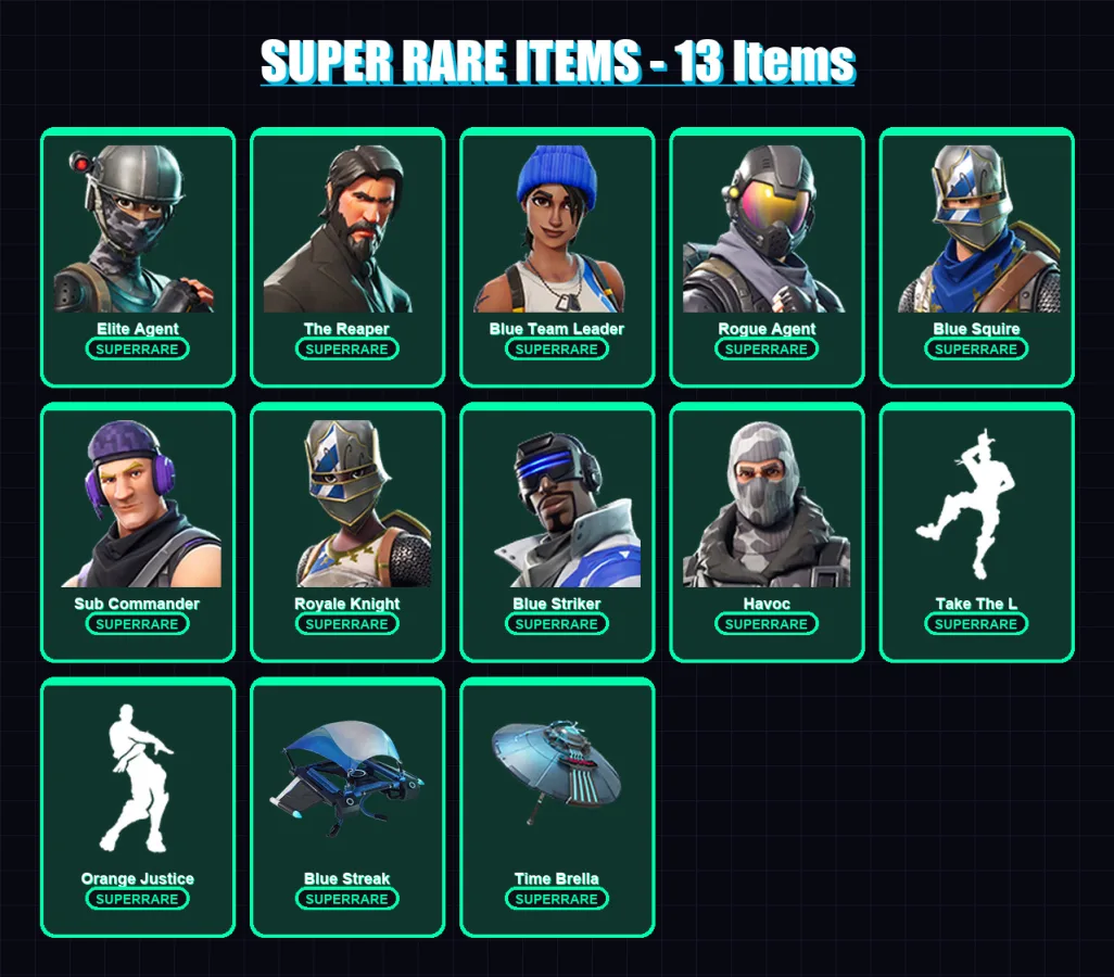 [PS4/PS5/XBOX/PC] | Elite Agent | The Reaper | Blue Team Leader | Rogue Agent | Blue Squire | 57 skin | 40 pickaxe | 50 emote | 47 glider | Lv683