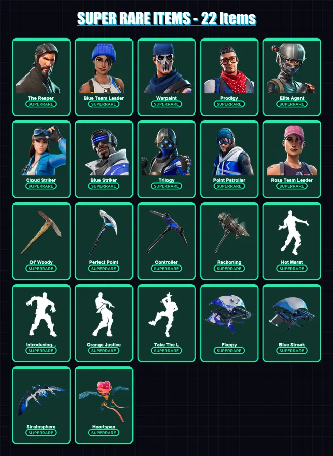 [PC/XBOX] | The Reaper | Blue Team Leader | Warpaint | Prodigy | Elite Agent | 114 skin | 108 pickaxe | 106 emote | 110 glider | Lv1596 — Fortnite account