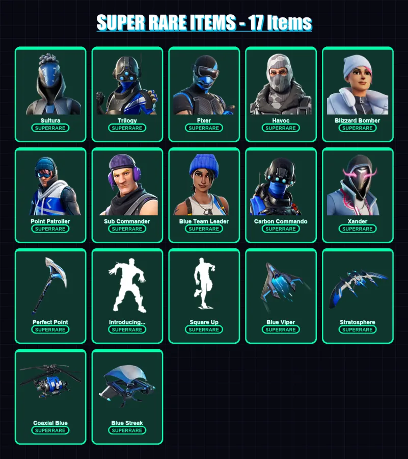 [PS4/PS5/XBOX/PC] | Sultura | Trilogy | Fixer | Havoc | Blizzard Bomber | 25 skin | 26 pickaxe | 30 emote | 32 glider | Lv388