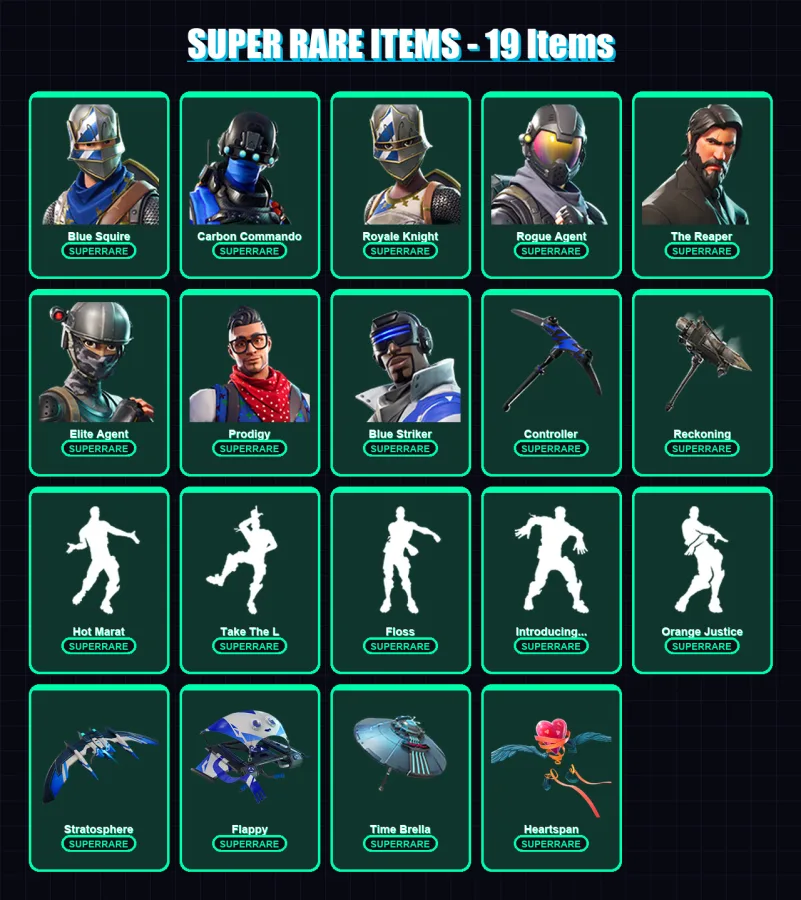 [PS4/PS5/XBOX/PC] | Blue Squire | Carbon Commando | Royale Knight | Rogue Agent | The Reaper | 83 skin | 75 pickaxe | 114 emote | 82 glider | Lv1175