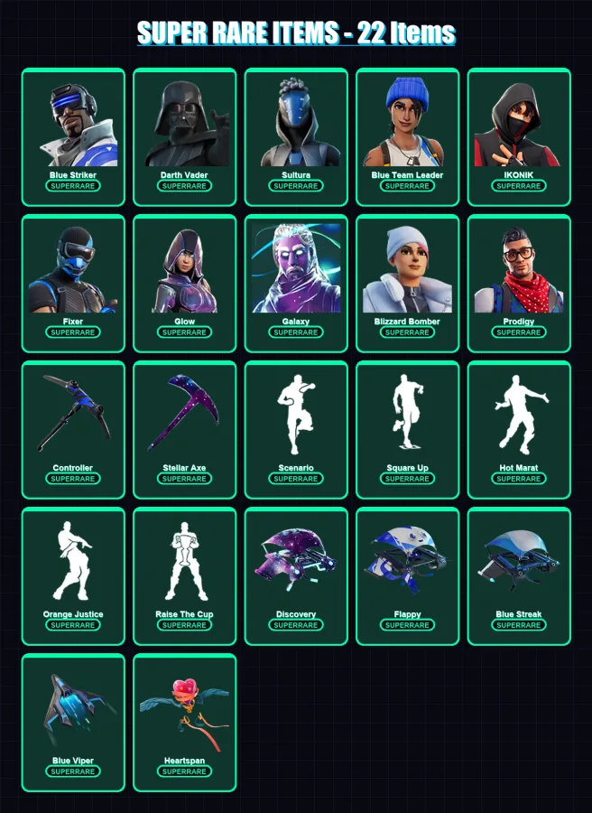 [PS4/PS5/XBOX/PC] | Blue Striker | Darth Vader | Sultura | Blue Team Leader | IKONIK | 66 skin | 73 pickaxe | 81 emote | 80 glider | Lv1377