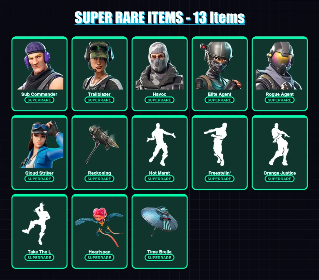 [PS4/PS5/XBOX/PC] | Sub Commander | Trailblazer | Havoc | Elite Agent | Rogue Agent | 78 skin | 82 pickaxe | 81 emote | 86 glider | Lv1335