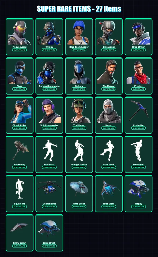 [PS4/PS5/XBOX/PC] | Rogue Agent | Trilogy | Blue Team Leader | Elite Agent | Blue Striker | 80 skin | 61 pickaxe | 64 emote | 66 glider | Lv802