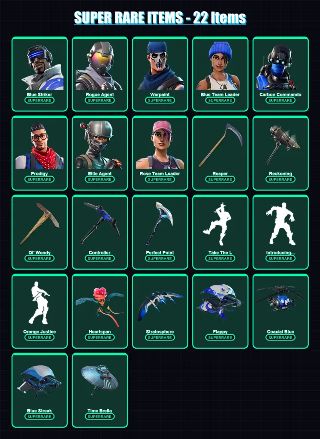 [PC/XBOX] | Blue Striker | Rogue Agent | Warpaint | Blue Team Leader | Carbon Commando | 102 skin | 127 pickaxe | 103 emote | 125 glider | Lv1602