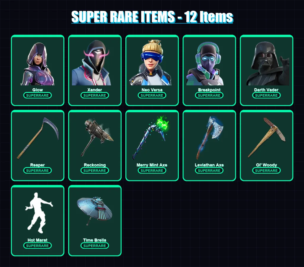 [PC] | Glow | Xander | Neo Versa | Breakpoint | Darth Vader | 366 skin | 310 pickaxe | 256 emote | 221 glider | Lv4250 — Fortnite account